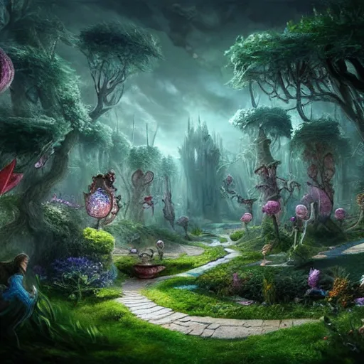 Image similar to photorealistic fantasy concept art of the world of Alice and wonderland landscape, dynamic lighting, magical, mysterious, hyperrealism