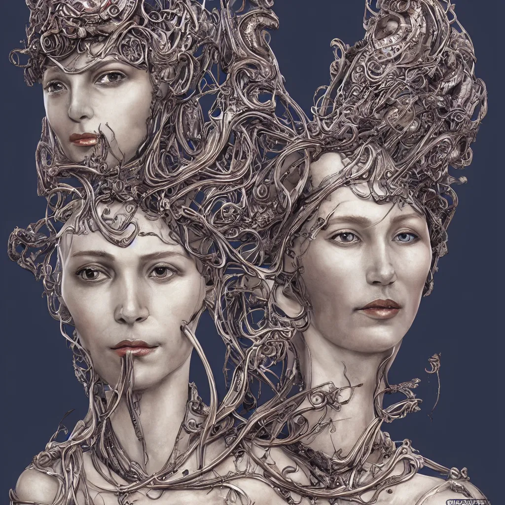 Image similar to a stunning art nouveau bust portrait of a beautiful and complex alien queen with strong confident eyes and a playful smile, sensual frontal declotage, perfect symmetrical facial features, extremely hyperdetailed, mixed media painting, unreal engine, 8 k, octane, 8 mm, by travis charest, chris achilleos and olivia de bernardinis