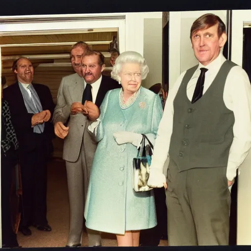 Prompt: queen elizabeth and peter beardsley opening a mid century office building ribbon cutting ceremony formal dress kodakchrome washed color