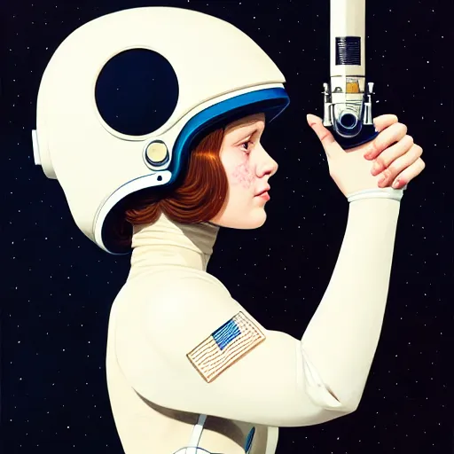 Image similar to A portrait of a girl wearing a vintage sci-fi astronaut helmet and holding a blaster, face, intricate, elegant, highly detailed, digital painting, artstation, concept art, smooth, sharp focus, illustration, art by phil noto and rebecca guay and james jean