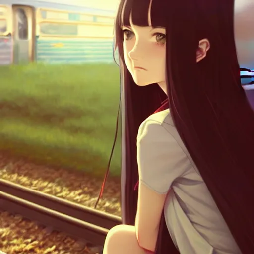 Image similar to a beautiful girl with long dark hair, sitting alone inside of a train, sharp focus, intricate, digital painting, artstation, official media, anime key visual, highly detailed, rich vivid colors, ambient lighting, illustration, art by Artgerm, Makoto Shinkai, Ilya Kuvshinov, Lois Van Baarle, and Rossdraws