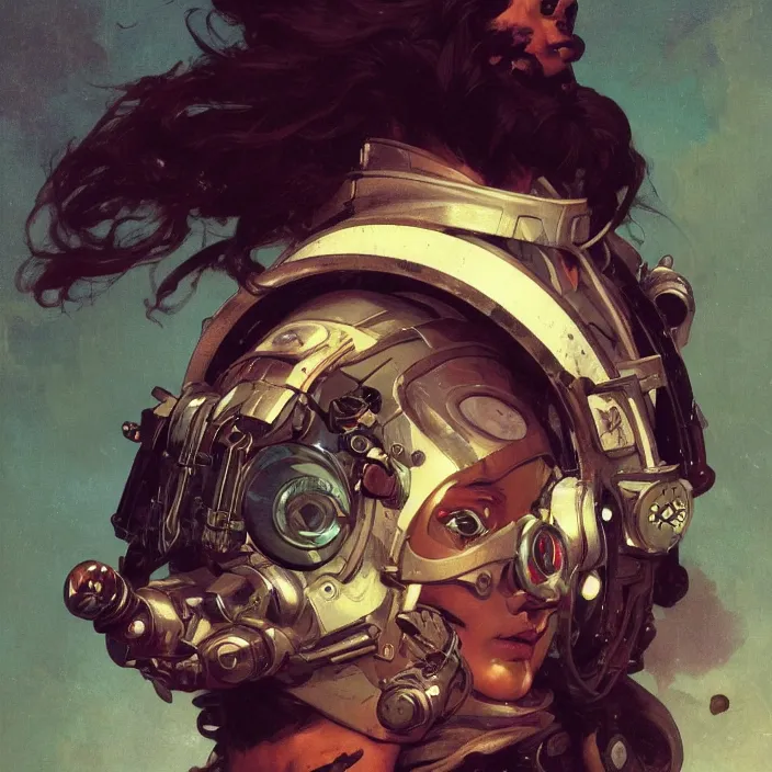 Image similar to a head and shoulders portrait of a space pirate, neon, retro, steampunk, smooth, sharp focus, intricate, artstation, detailed concept art by Caravaggio and Greg Rutkowski and Alphonse Mucha and Norman Rockwell