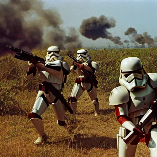 Image similar to star wars clone troopers combat soldiers in vietnam, photo, old picture, lush landscape, jungle, firearms, explosions, helicopters, aerial combat, active battle zone, flamethrower, air support, jedi, land mines, gunfire, violent, star destroyers, star wars lasers, sci - fi, jetpacks, agent orange, bomber planes, smoke, trench warfare