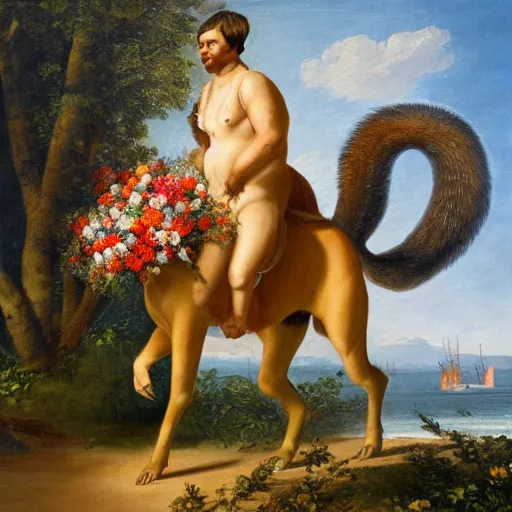 Prompt: a giant squirrel carrying napoleon bonaparte on its back, beach scene with flowers and foliage, detailed oil painting