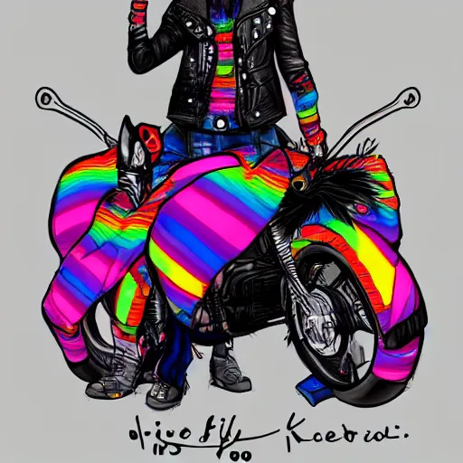 Image similar to wide angle full body, jacket wearing fluffy cute rainbow kitten wearing a black leather motorcycle jacket, cinematic concept art