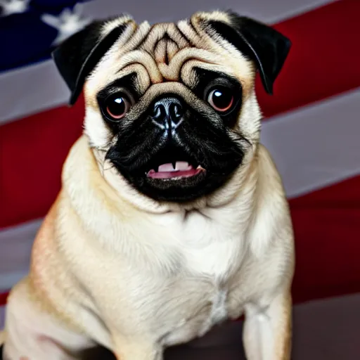 Image similar to a pug president of the usa. president of the us. in the oval. formal. beautiful. high resolution. highly realistic. close - up.