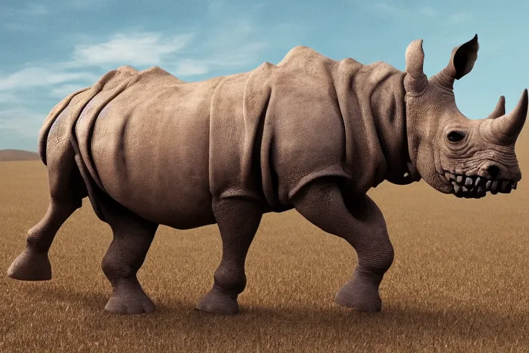 Image similar to a cinematic view of the entire skelleton of a rhino made of stained bones, true realistic image, detailed image