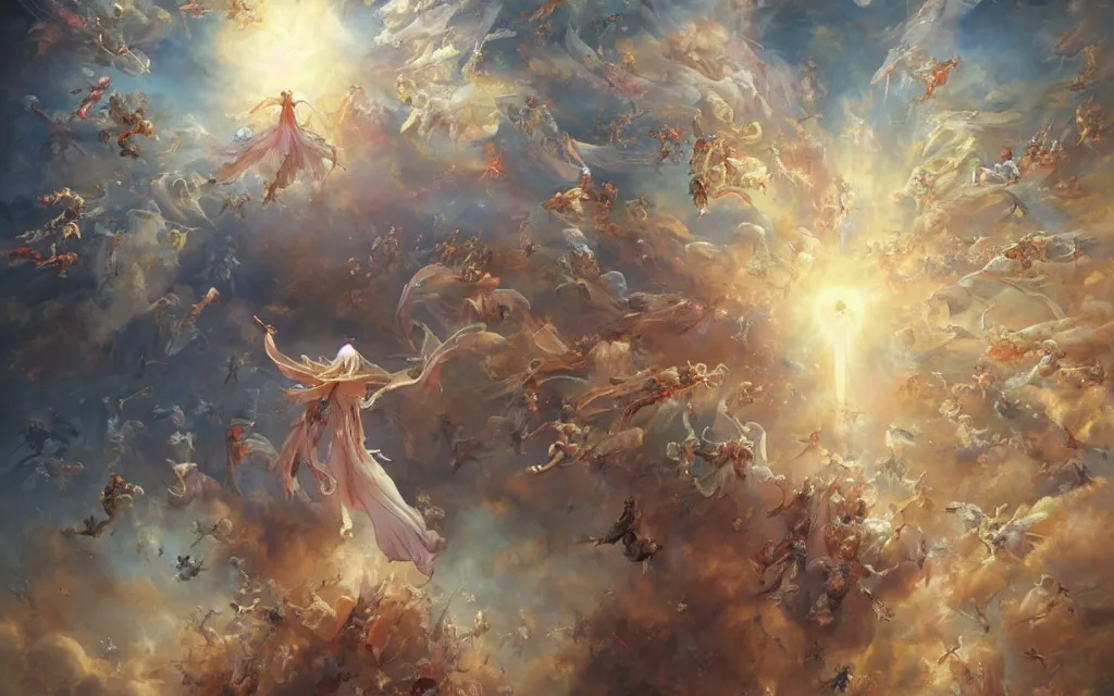 Image similar to vision of angels - a painting of a single angel flying in the sky, surrounded by a group of angels by marc simonetti and yoshitaka amano, style of avant - garde