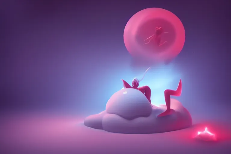 Image similar to a cute alien sitting on a cloud relaxing, misty, glows, blender render, hazy, foggy, red lighting,