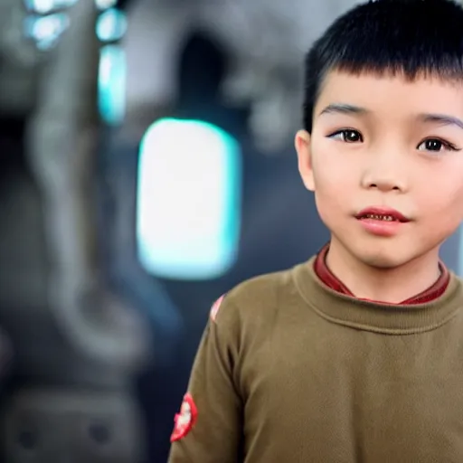 Prompt: cinematic still cute vietnamese 6 year old boy in star wars, slight underbite, heart shaped face, crew cut hair