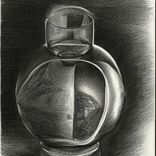 Prompt: earth in a bottle, pencil drawing by leonardo davinci, dynamic lighting