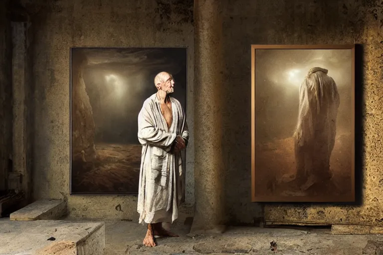 Prompt: ancient man wearing old crumpled robe in front of the framed painting of the future city in the abandoned overgrown art gallery, photorealistic, highly detailed, digital painting, dramatic lighting, cinematic composition, by simonetti and beksinski