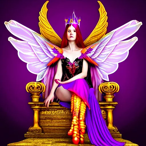 Image similar to Princess sorceress with red flaming bird wings on her back and sitting on an ornate throne dressed in a fancy purple dress, beautiful realistic face, Fantasy, Full Portrait, High detail, realistic, planeswalker