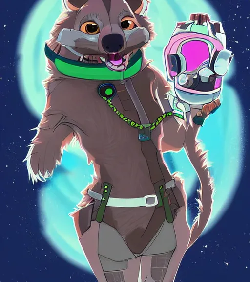 Image similar to full body digital artwork of furry female hyena, in style of zootopia, fursona, furry, furaffinity, deviantart, wearing astronaut outfit, floating in space