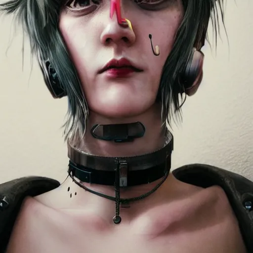 Image similar to detailed realistic cyberpunk female character cyberpunk wearing large steel collar around neck, realistic, art, beautiful, 4K, collar, choker, collar around neck, punk, artstation, detailed, female, woman, choker, cyberpunk, neon, punk, collar, choker, collar around neck, thick collar, choker around neck, wearing choker, wearing collar, bright neon punk hair,