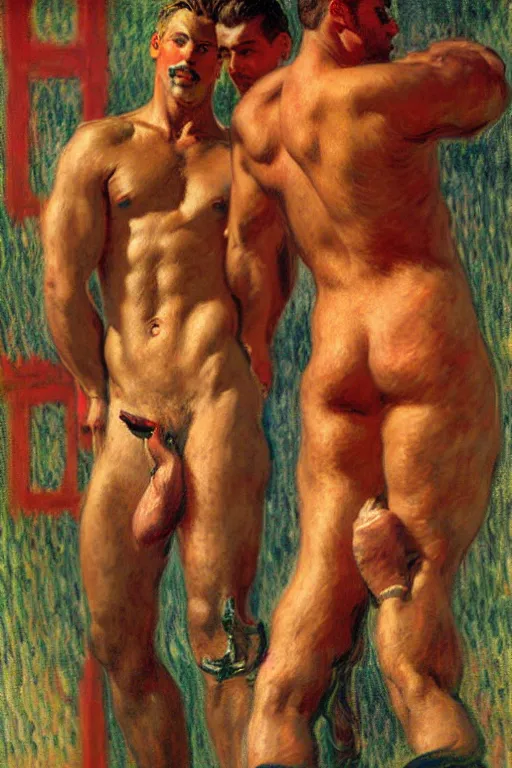 Image similar to attractive male, firefighters of new york city, painting by tom of finland, gaston bussiere, craig mullins, j. c. leyendecker, claude monet