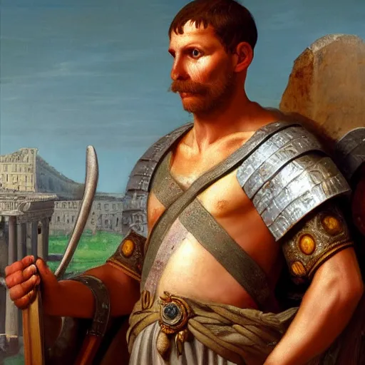 Image similar to Jerma985 in Ancient Rome, detailed, highly detailed, heroic, epic, complex, very detailed, realistic, HD quality, 8k resolution, body and headshot, Oil Painting, Italian Renaissance Painting, Italian Renaissance Painting Style, Renaissance Painting Style, Painting, Trending on Artstation