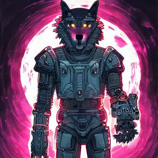 Image similar to portrait of a cybernetic werewolf warrior with white fur and power armor, cyberpunk concept art by josan gonzales and moebius and enki bilal and and dan mumford and jean claude meziere and philippe druilleg