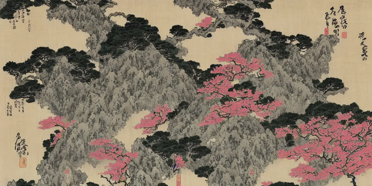 Image similar to sakuras, taoist monks and temples in huangshan, artwork by katsushika hokusai and utagawa hiroshige on old parchment