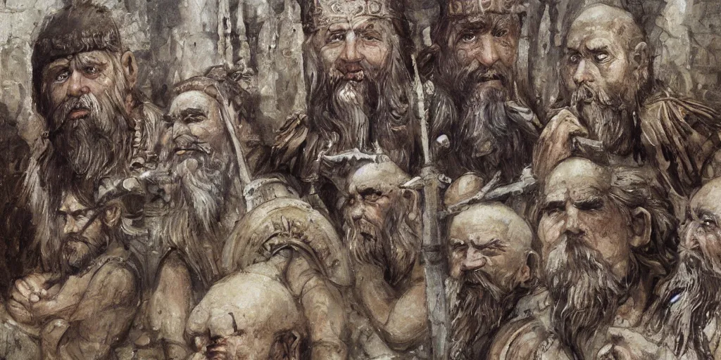 Image similar to sumerian underground city ancient dwarves, drawn by viktor vasnetsov, beautiful faces, symmetrical faces dwarven dungeons, cities of mesopotamia, moriya, oil painting, harsh fairy tale, soft style, hyperrealism, beautiful, high resolution, trending on artstation,