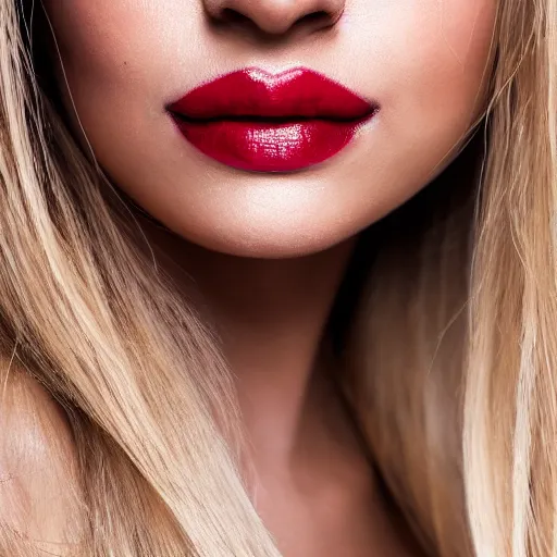 Image similar to headshot photo of a female with blonde hari and deep red lips, intricate, elegant, highly detailed, award winning, smooth, sharp focus