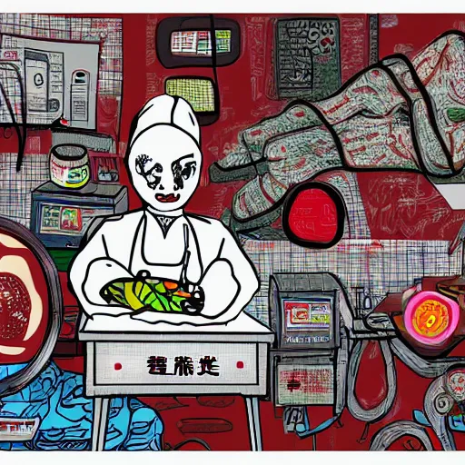 Image similar to chinese surgery operating table, in the style of daniel johnston and outsider art, 8k, line brush, overlaid with chinese adverts