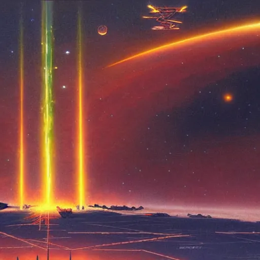Prompt: spires made of laser energy shooting down from the heavens bursting the ground by les edwards