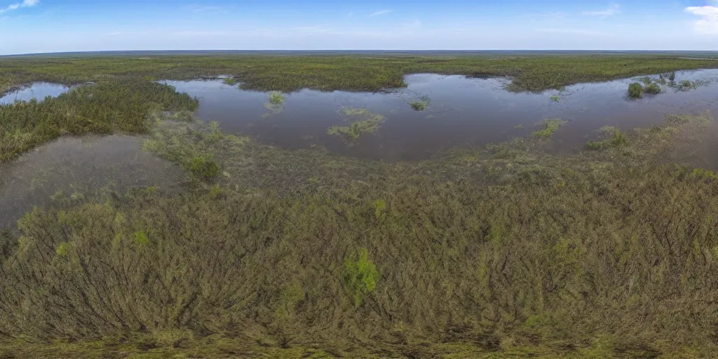 Prompt: high quality aerial 360 ° image in a equirectangular projection of a swamp with a promontory the horizon