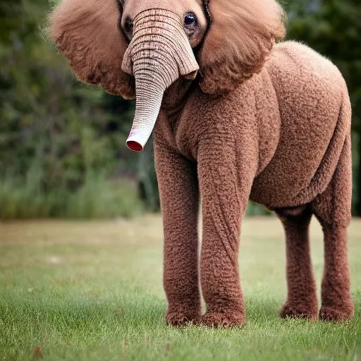Image similar to cross between a poodle and an african elephant, standing on the affrican savanah, fluffy white curly fur, award winning photography