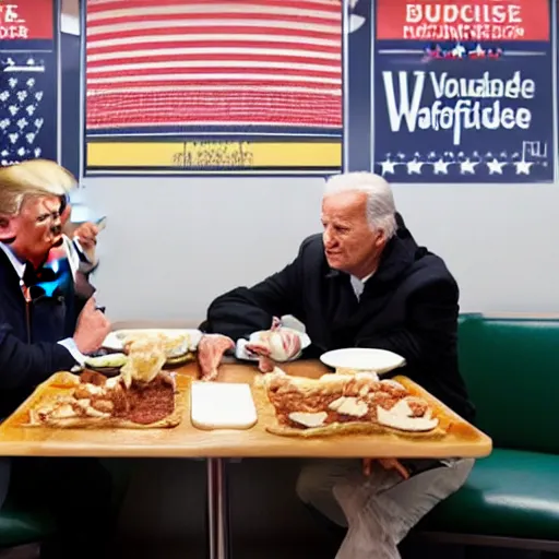 Image similar to photograph of trump and Biden sitting and eating breakfast at a Wafflehouse