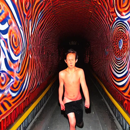 Image similar to terrified young man in a straightjacket running toward you in the Bund Sightseeing Tunnel, Shanghai, China by Alex Grey and Jeffrey Smith