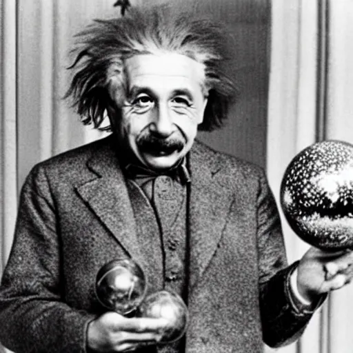 Image similar to einstein holding ( model of atom with metallic spheres ) in his hands, color