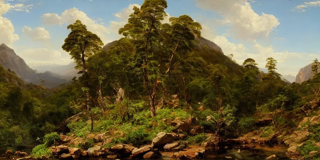 Image similar to a beautiful landscape painting of a rocky valley with patches of woodland, by frederic edwin church, oil on canvas, highly detailed, hd, 4 k