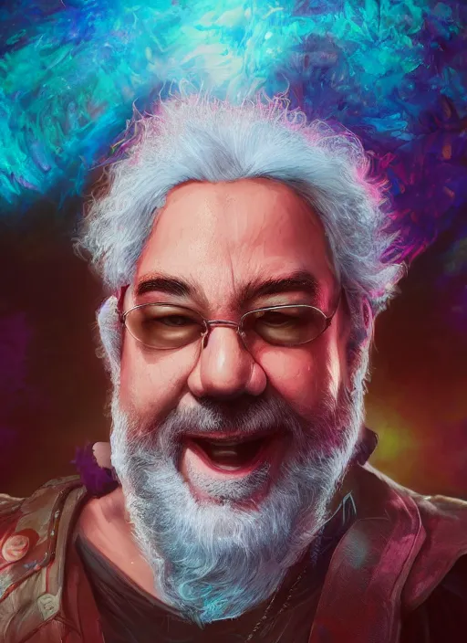 Image similar to An epic fantasy comic book style portrait painting of Jerry Garcia, fisheye lens, unreal 5, DAZ, hyperrealistic, octane render, cosplay, RPG portrait, dynamic lighting