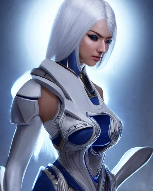 Image similar to perfect white haired attractive egyptian goddess, warframe armor, beautiful, symmetric, dreamy, half asian, pretty face, blue eyes, maesie williams, detailed, scifi platform, laboratory, experiment, 4 k, ultra realistic, epic lighting, android body, illuminated, cinematic, masterpiece, art by akihito tsukushi, voidstar