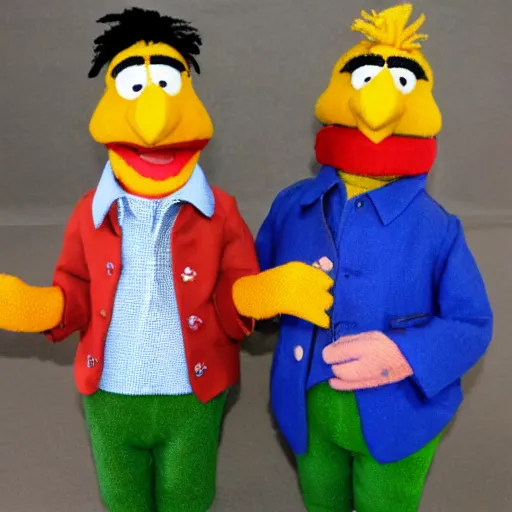 Prompt: bert & ernie as community college professors wearing leather elbow patch blazers