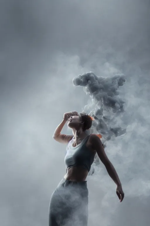 Prompt: a woman made of smoke, dancing, atmospheric, octane render, volumetric light