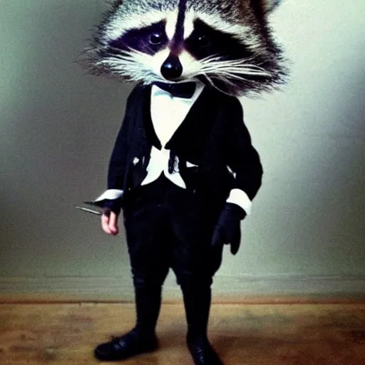 Prompt: candid photo of a raccoon dressed as a victorian gentleman