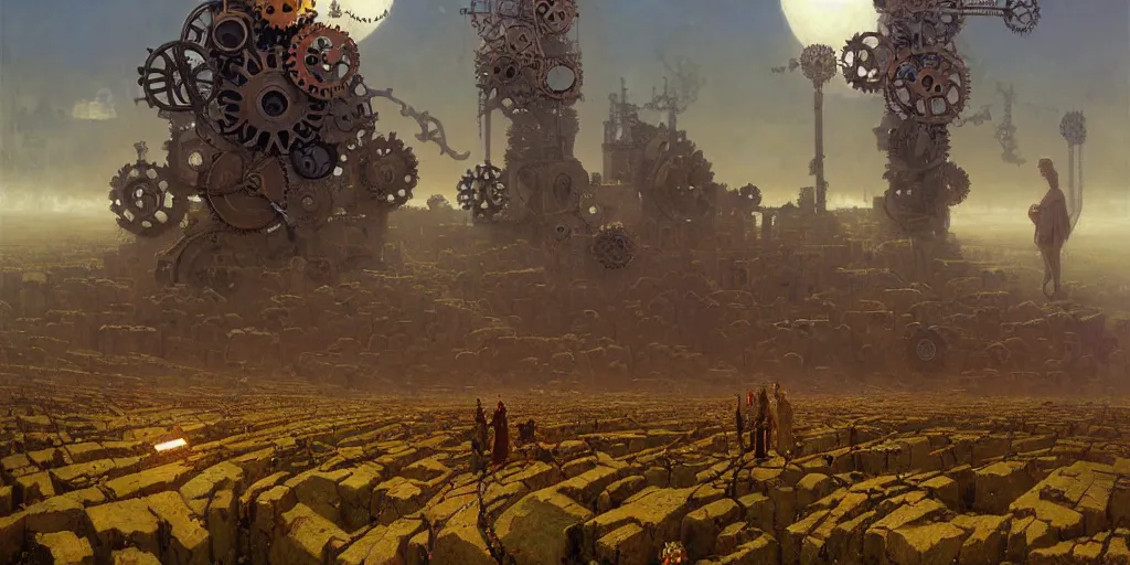 Image similar to giant interlocked gears cogs floating in the sky no people clockwork, giant mechanisms, industry, villages castles, buildings vista artstation illustration sharp focus sunlit vista painted by ruan jia raymond swanland lawrence alma tadema zdzislaw beksinski norman rockwell tom lovell alex malveda greg staples