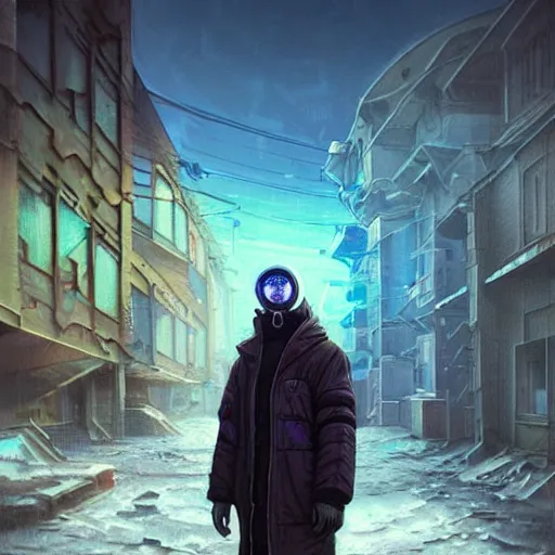 Image similar to A portrait of a cyberpunk guy on the street of a Soviet slum on the moon, Norilsk, sci-fi, fantasy, intricate, very very beautiful, elegant, highly detailed, digital painting, artstation, concept art, smooth, sharp focus, illustration, art by artgerm and greg rutkowski and alphonse mucha