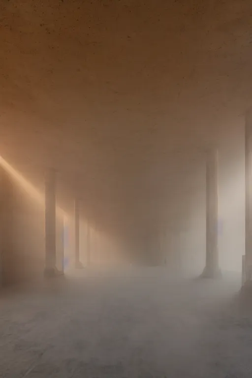 Image similar to inside a tall vetical room, convoluted halls, monolithic, open architecture, dust cloud enter through giant open windows, high winds, concrete pillars, ancient sci - fi elements, on an alien planet, sun is blocked by dust, pale orange colors, cinematographic wide angle shot, f / 2 4, motion blur