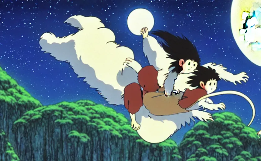 Image similar to a still from a studio ghibli movie of a cartoon monkey from princess mononoke ( 1 9 9 7 ) flying on a magic carpet in front of a pale full moon, full body, wide shot, very dull muted colors, studio ghibli, highly detailed, deviantart, art by artgem