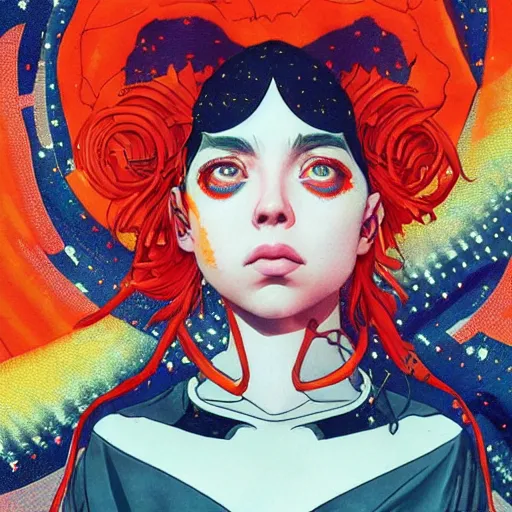 Image similar to closeup : billie eilish as the empress of the universe sits on stellar throne. illustration by james jean and satoshi kon and erik jones, inspired by evangelion, smooth feature, intricate oil painting, high detail illustration, sharp high detail