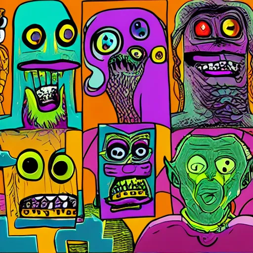 Prompt: weird monsters, blockhead art style, melted eyes, lsd trip, toon shader, cartoon style