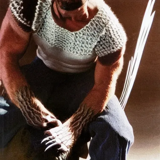 Prompt: Wolverine knitting a sweater