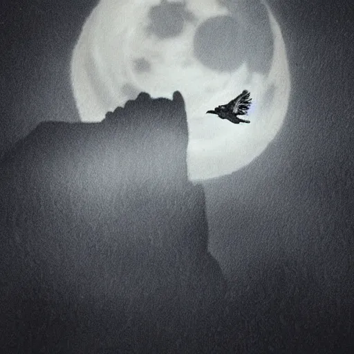 Prompt: tattoo of owl flying at night through fog in the forest lit by the full moon