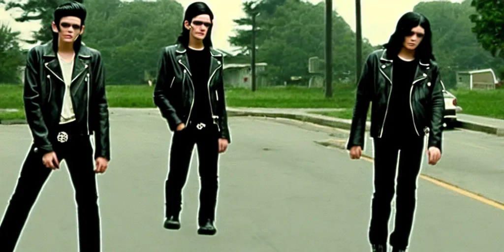 Image similar to a young thug like male teen wearing a black leather jacket has long black hair, 6 0 s era, film still, anamorphic lens, inspired by the outsiders