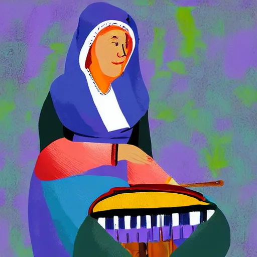 Image similar to a babushka playing drums on a stage, the drums look like giant muffins, digital art