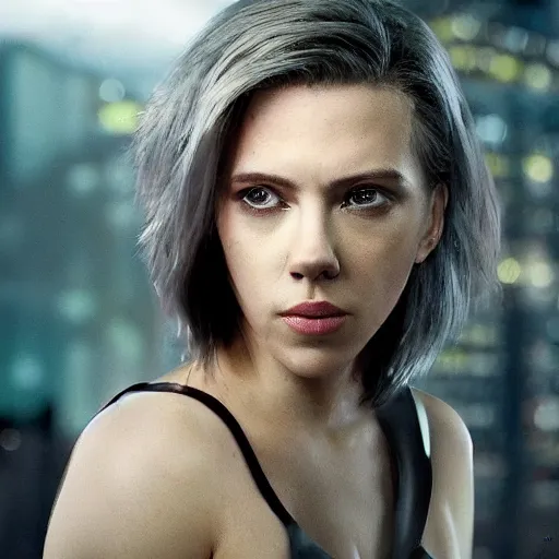 Prompt: a beautiful medium - shot still of scarlett johansson from ghost in the shell, cyberpunk style, looking off into the distance, a - line bob hairstyle, black hairs, ultra realistic, soft, blue hour, soft neons light from night city falling on her face. focus on her eyes and brows. by annie leibowitz