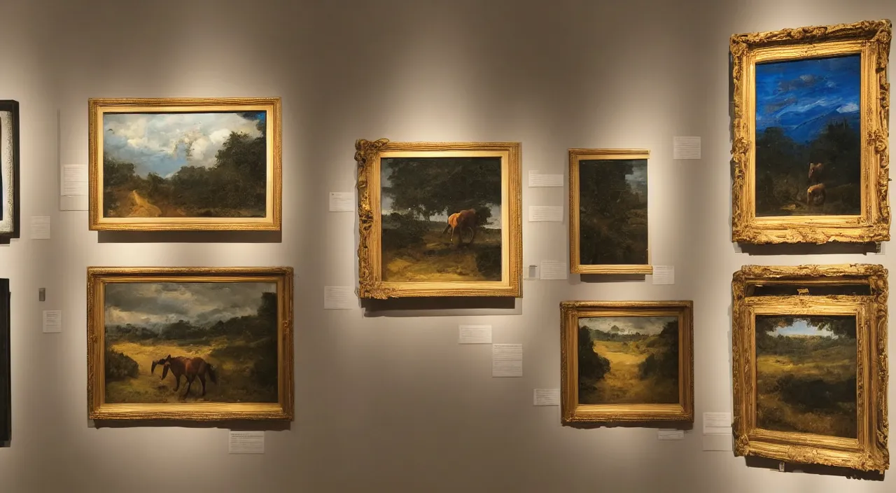 Prompt: in the art gallery, three landscape paintings are displayed side by side, and the middle one is a painting of a horse's head sticking out of the frame.